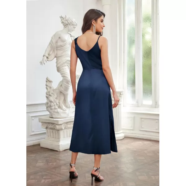 GRACE KARIN Womens 2023 Satin A Line Midi Dress Asymmetric Straps V Neck Slit Cocktail Party Wedding Guest Slip DressNavy Blue