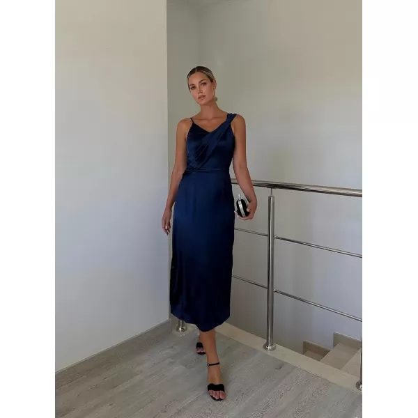 GRACE KARIN Womens 2023 Satin A Line Midi Dress Asymmetric Straps V Neck Slit Cocktail Party Wedding Guest Slip DressNavy Blue