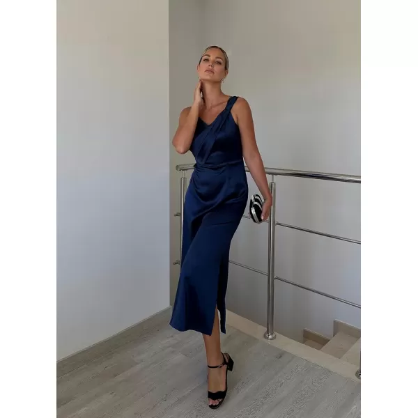 GRACE KARIN Womens 2023 Satin A Line Midi Dress Asymmetric Straps V Neck Slit Cocktail Party Wedding Guest Slip DressNavy Blue