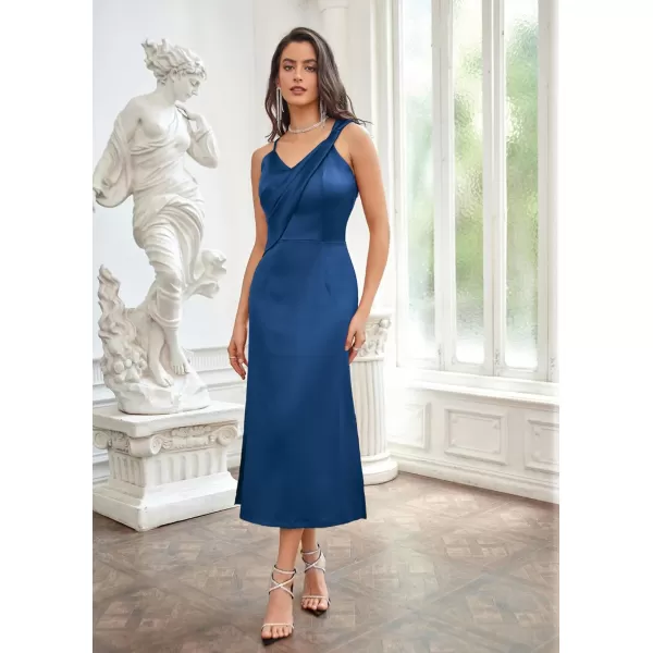 GRACE KARIN Womens 2023 Satin A Line Midi Dress Asymmetric Straps V Neck Slit Cocktail Party Wedding Guest Slip DressPeacock Blue