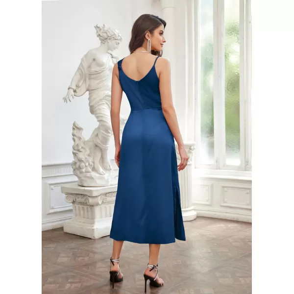 GRACE KARIN Womens 2023 Satin A Line Midi Dress Asymmetric Straps V Neck Slit Cocktail Party Wedding Guest Slip DressPeacock Blue