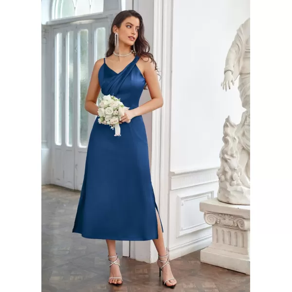 GRACE KARIN Womens 2023 Satin A Line Midi Dress Asymmetric Straps V Neck Slit Cocktail Party Wedding Guest Slip DressPeacock Blue