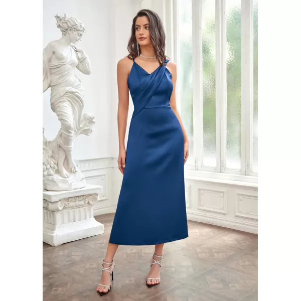 GRACE KARIN Womens 2023 Satin A Line Midi Dress Asymmetric Straps V Neck Slit Cocktail Party Wedding Guest Slip DressPeacock Blue