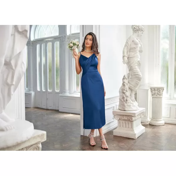 GRACE KARIN Womens 2023 Satin A Line Midi Dress Asymmetric Straps V Neck Slit Cocktail Party Wedding Guest Slip DressPeacock Blue