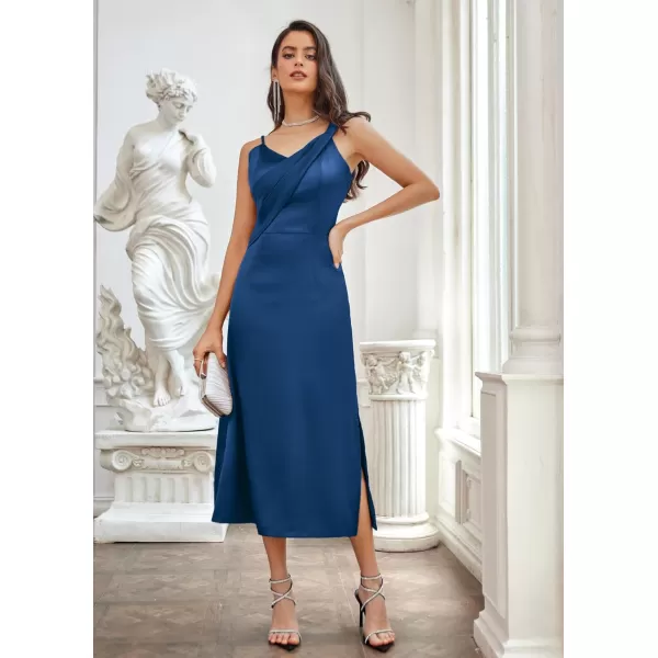 GRACE KARIN Womens 2023 Satin A Line Midi Dress Asymmetric Straps V Neck Slit Cocktail Party Wedding Guest Slip DressPeacock Blue