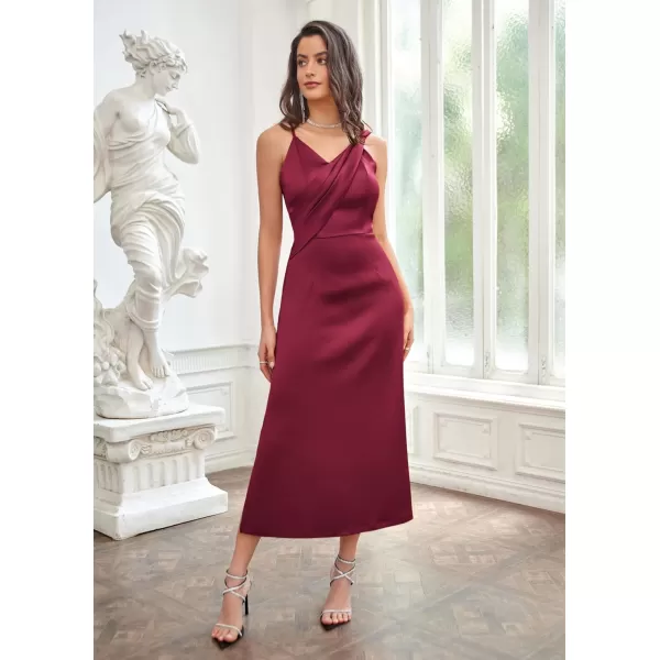 GRACE KARIN Womens 2023 Satin A Line Midi Dress Asymmetric Straps V Neck Slit Cocktail Party Wedding Guest Slip DressWine