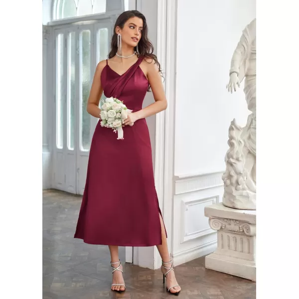 GRACE KARIN Womens 2023 Satin A Line Midi Dress Asymmetric Straps V Neck Slit Cocktail Party Wedding Guest Slip DressWine