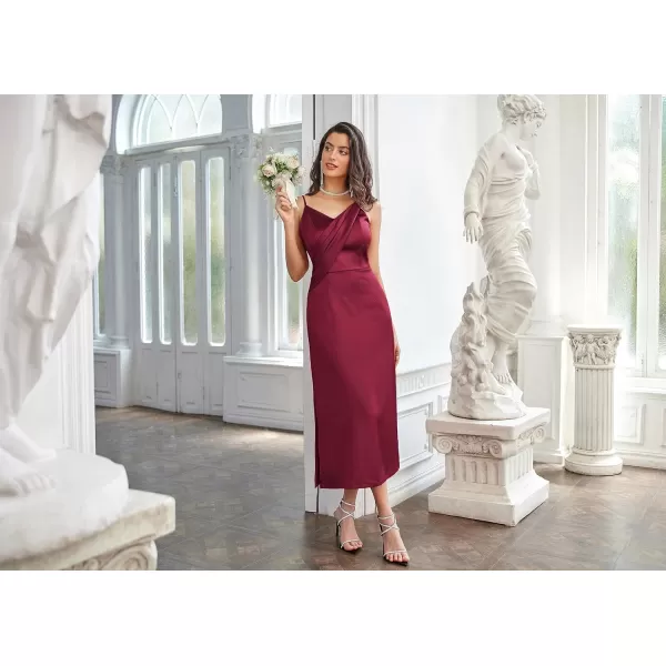 GRACE KARIN Womens 2023 Satin A Line Midi Dress Asymmetric Straps V Neck Slit Cocktail Party Wedding Guest Slip DressWine