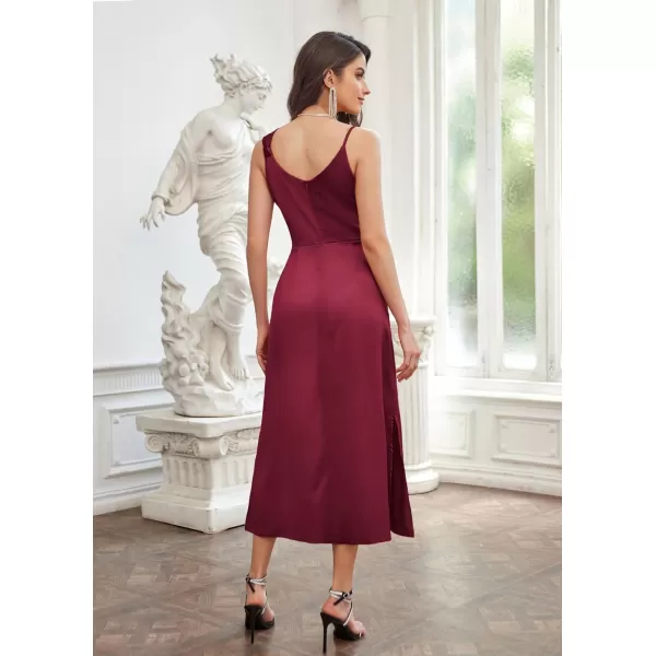 GRACE KARIN Womens 2023 Satin A Line Midi Dress Asymmetric Straps V Neck Slit Cocktail Party Wedding Guest Slip DressWine