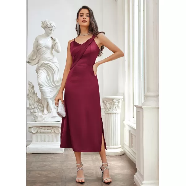 GRACE KARIN Womens 2023 Satin A Line Midi Dress Asymmetric Straps V Neck Slit Cocktail Party Wedding Guest Slip DressWine