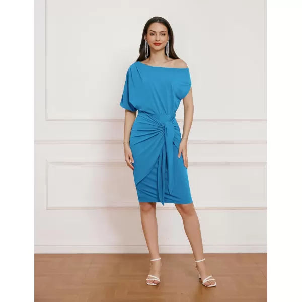 GRACE KARIN Womens One Shoulder Cocktail Dress 2024 Elegant Ruched Belted Wedding Guest Formal Bodycon DressSolid Azure