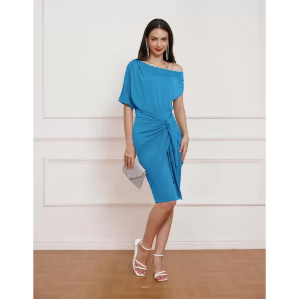 GRACE KARIN Womens One Shoulder Cocktail Dress 2024 Elegant Ruched Belted Wedding Guest Formal Bodycon DressSolid Azure