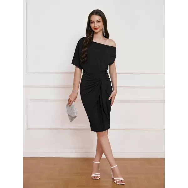 GRACE KARIN Womens One Shoulder Cocktail Dress 2024 Elegant Ruched Belted Wedding Guest Formal Bodycon DressSolid Black