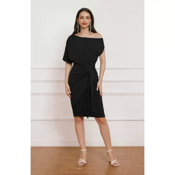 GRACE KARIN Womens One Shoulder Cocktail Dress 2024 Elegant Ruched Belted Wedding Guest Formal Bodycon DressSolid Black