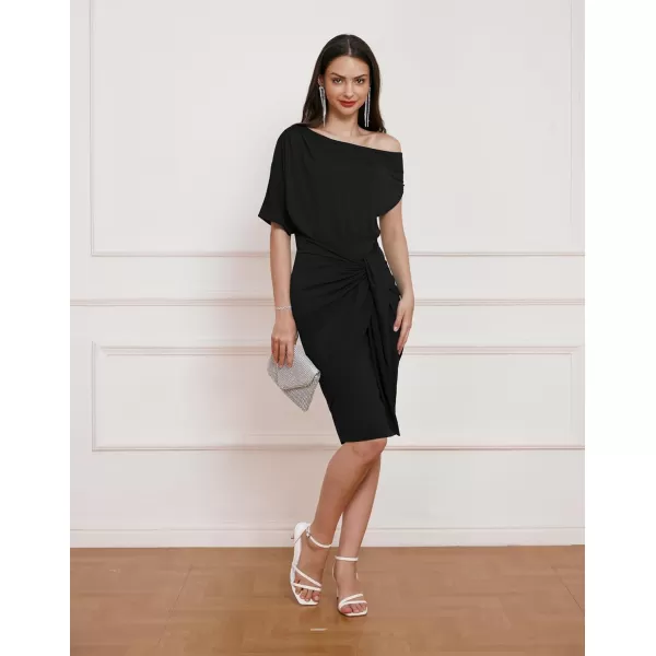 GRACE KARIN Womens One Shoulder Cocktail Dress 2024 Elegant Ruched Belted Wedding Guest Formal Bodycon DressSolid Black