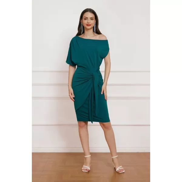 GRACE KARIN Womens One Shoulder Cocktail Dress 2024 Elegant Ruched Belted Wedding Guest Formal Bodycon DressSolid Blue Green