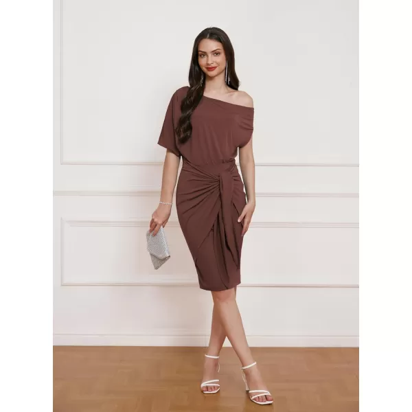 GRACE KARIN Womens One Shoulder Cocktail Dress 2024 Elegant Ruched Belted Wedding Guest Formal Bodycon DressSolid Coffee