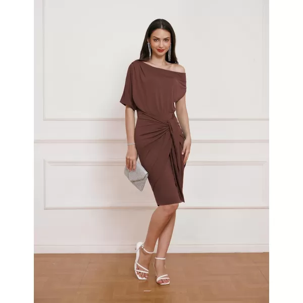 GRACE KARIN Womens One Shoulder Cocktail Dress 2024 Elegant Ruched Belted Wedding Guest Formal Bodycon DressSolid Coffee