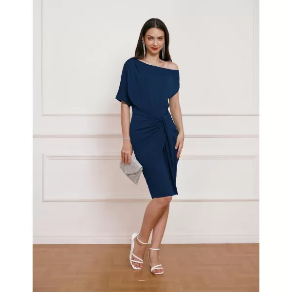 GRACE KARIN Womens One Shoulder Cocktail Dress 2024 Elegant Ruched Belted Wedding Guest Formal Bodycon DressSolid Dark Blue