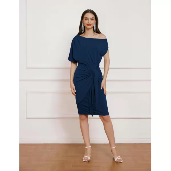 GRACE KARIN Womens One Shoulder Cocktail Dress 2024 Elegant Ruched Belted Wedding Guest Formal Bodycon DressSolid Dark Blue