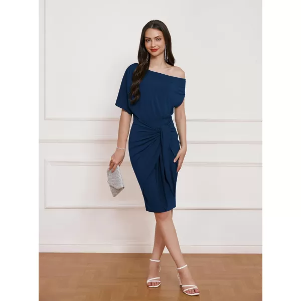 GRACE KARIN Womens One Shoulder Cocktail Dress 2024 Elegant Ruched Belted Wedding Guest Formal Bodycon DressSolid Dark Blue