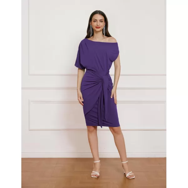 GRACE KARIN Womens One Shoulder Cocktail Dress 2024 Elegant Ruched Belted Wedding Guest Formal Bodycon DressSolid Purple