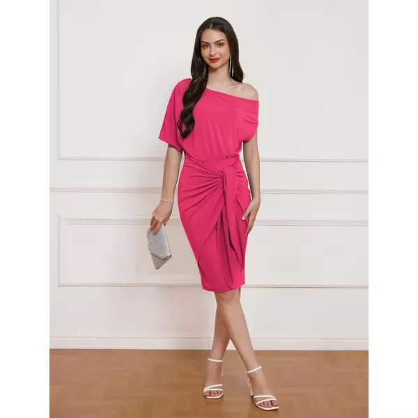 GRACE KARIN Womens One Shoulder Cocktail Dress 2024 Elegant Ruched Belted Wedding Guest Formal Bodycon DressSolid Rose Red