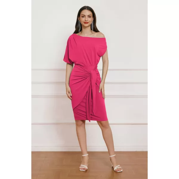 GRACE KARIN Womens One Shoulder Cocktail Dress 2024 Elegant Ruched Belted Wedding Guest Formal Bodycon DressSolid Rose Red