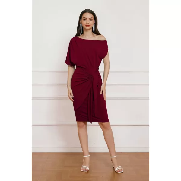 GRACE KARIN Womens One Shoulder Cocktail Dress 2024 Elegant Ruched Belted Wedding Guest Formal Bodycon DressSolid Wine Red