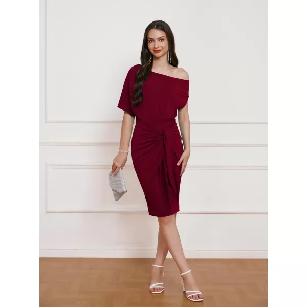 GRACE KARIN Womens One Shoulder Cocktail Dress 2024 Elegant Ruched Belted Wedding Guest Formal Bodycon DressSolid Wine Red