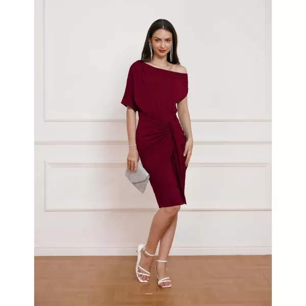 GRACE KARIN Womens One Shoulder Cocktail Dress 2024 Elegant Ruched Belted Wedding Guest Formal Bodycon DressSolid Wine Red