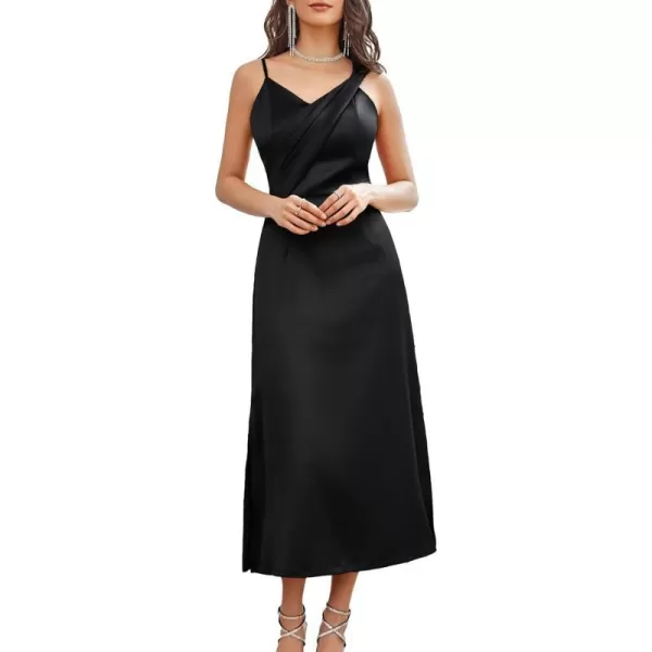 GRACE KARIN Womens 2023 Satin A Line Midi Dress Asymmetric Straps V Neck Slit Cocktail Party Wedding Guest Slip DressBlack