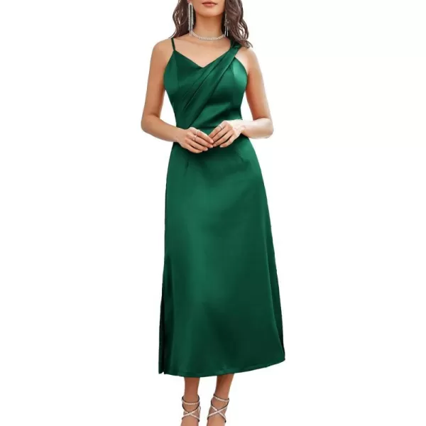 GRACE KARIN Womens 2023 Satin A Line Midi Dress Asymmetric Straps V Neck Slit Cocktail Party Wedding Guest Slip DressBlackish Green