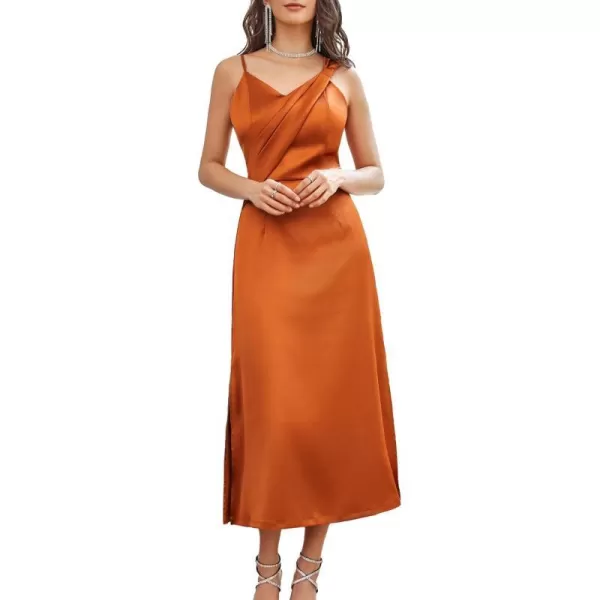 GRACE KARIN Womens 2023 Satin A Line Midi Dress Asymmetric Straps V Neck Slit Cocktail Party Wedding Guest Slip DressGolden