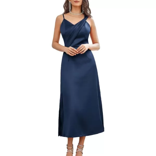 GRACE KARIN Womens 2023 Satin A Line Midi Dress Asymmetric Straps V Neck Slit Cocktail Party Wedding Guest Slip DressNavy Blue