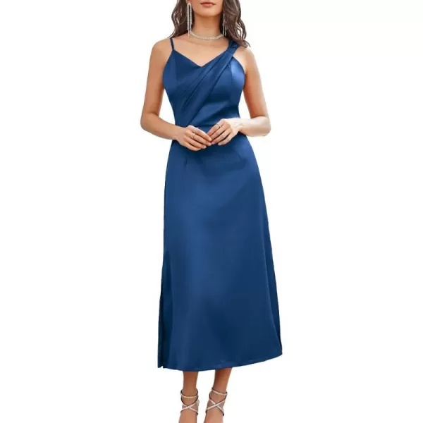 GRACE KARIN Womens 2023 Satin A Line Midi Dress Asymmetric Straps V Neck Slit Cocktail Party Wedding Guest Slip DressPeacock Blue