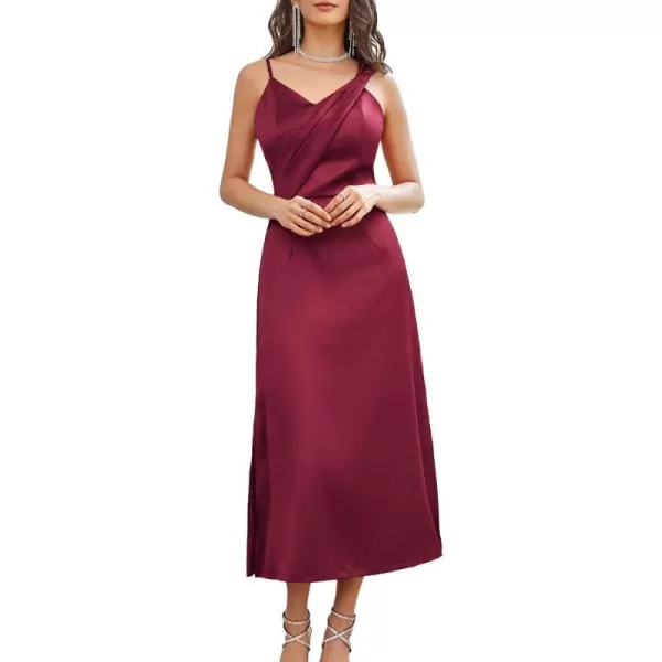 GRACE KARIN Womens 2023 Satin A Line Midi Dress Asymmetric Straps V Neck Slit Cocktail Party Wedding Guest Slip DressWine