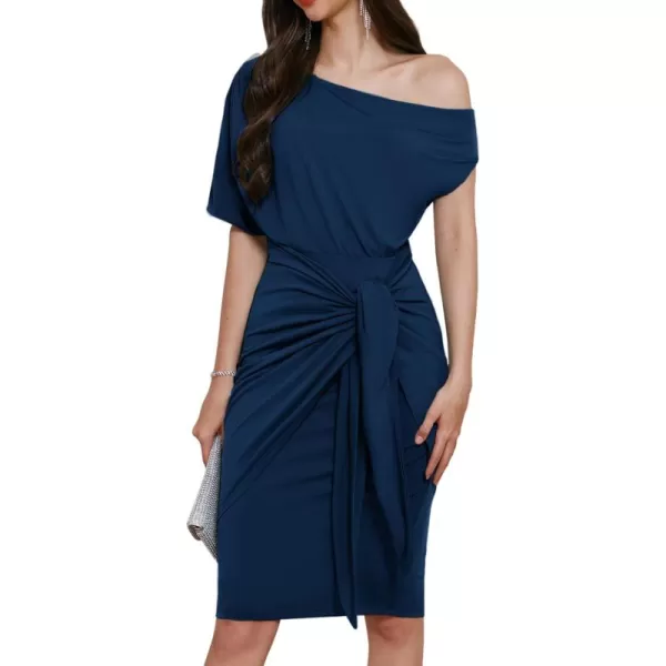 GRACE KARIN Womens One Shoulder Cocktail Dress 2024 Elegant Ruched Belted Wedding Guest Formal Bodycon DressSolid Dark Blue