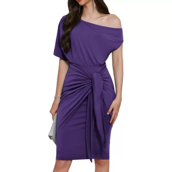 GRACE KARIN Womens One Shoulder Cocktail Dress 2024 Elegant Ruched Belted Wedding Guest Formal Bodycon DressSolid Purple