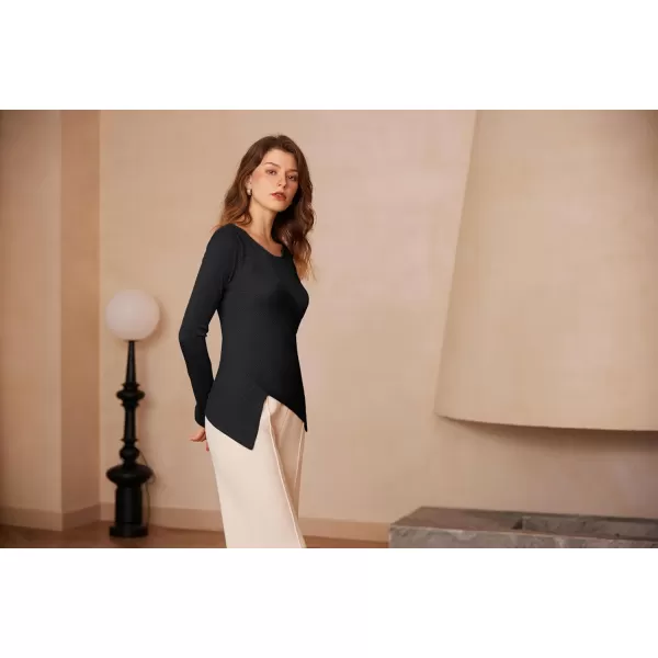 GRACE KARIN 2024 Womens Elegant Asymmetric Textured Tops Long Sleeve Boat Neck Shirts BlouseBlack