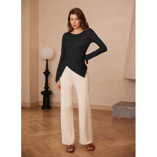 GRACE KARIN 2024 Womens Elegant Asymmetric Textured Tops Long Sleeve Boat Neck Shirts BlouseBlack