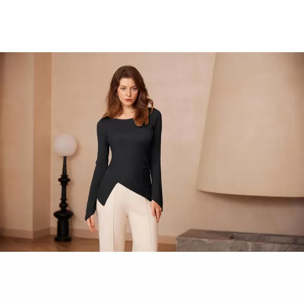 GRACE KARIN 2024 Womens Elegant Asymmetric Textured Tops Long Sleeve Boat Neck Shirts BlouseBlack