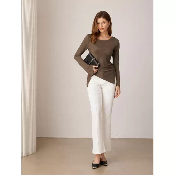 GRACE KARIN 2024 Womens Elegant Asymmetric Textured Tops Long Sleeve Boat Neck Shirts BlouseCoffee