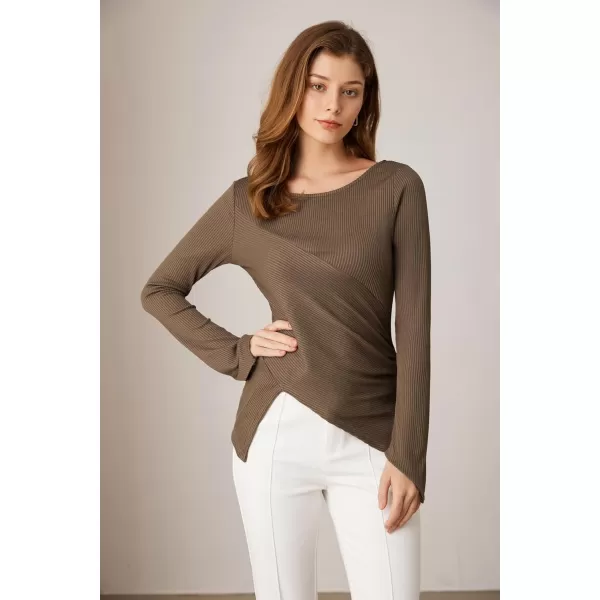 GRACE KARIN 2024 Womens Elegant Asymmetric Textured Tops Long Sleeve Boat Neck Shirts BlouseCoffee