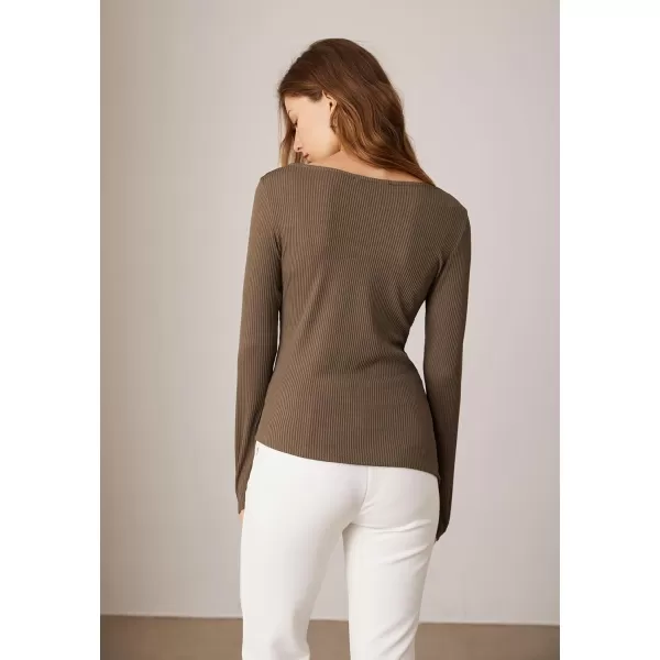 GRACE KARIN 2024 Womens Elegant Asymmetric Textured Tops Long Sleeve Boat Neck Shirts BlouseCoffee