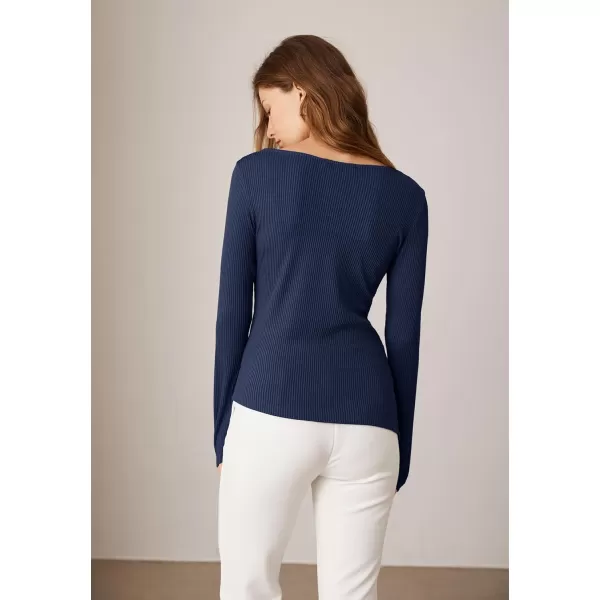 GRACE KARIN 2024 Womens Elegant Asymmetric Textured Tops Long Sleeve Boat Neck Shirts BlouseDark Blue