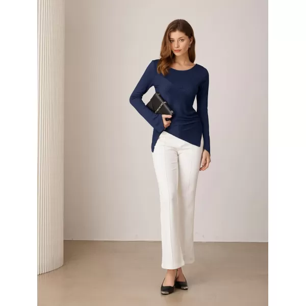 GRACE KARIN 2024 Womens Elegant Asymmetric Textured Tops Long Sleeve Boat Neck Shirts BlouseDark Blue