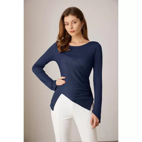 GRACE KARIN 2024 Womens Elegant Asymmetric Textured Tops Long Sleeve Boat Neck Shirts BlouseDark Blue