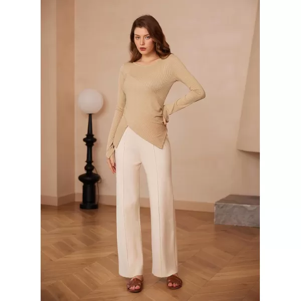 GRACE KARIN 2024 Womens Elegant Asymmetric Textured Tops Long Sleeve Boat Neck Shirts BlouseKhaki