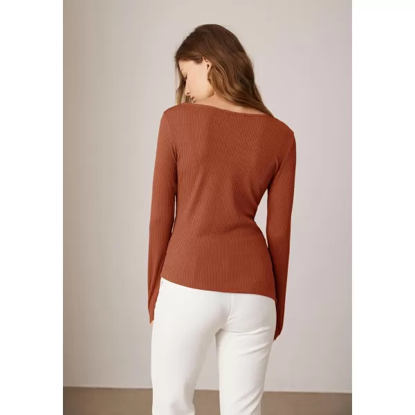 GRACE KARIN 2024 Womens Elegant Asymmetric Textured Tops Long Sleeve Boat Neck Shirts BlouseRust Red